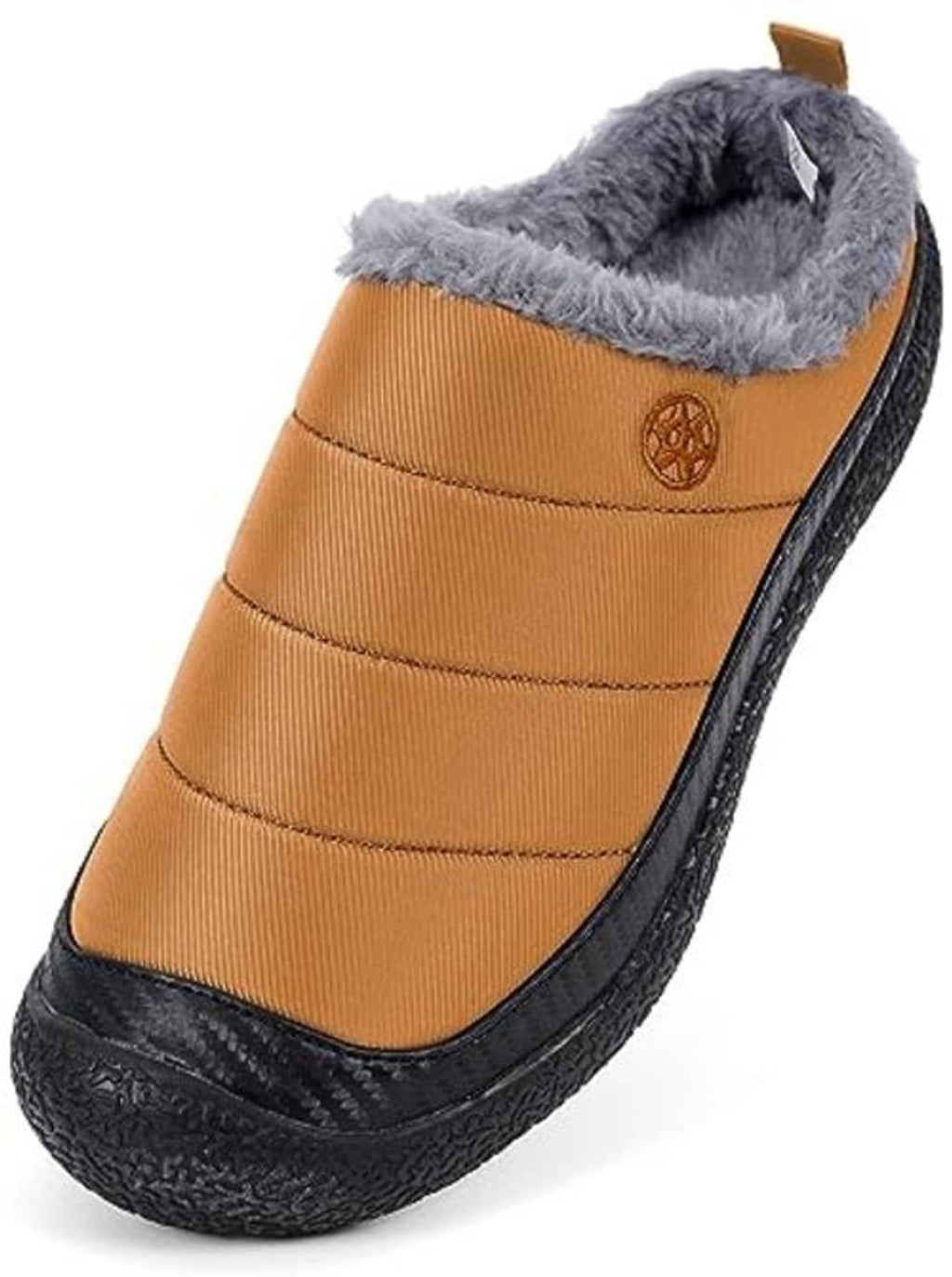 Orange slip-on house slipper with gray fleece collar and black rubber sole edge