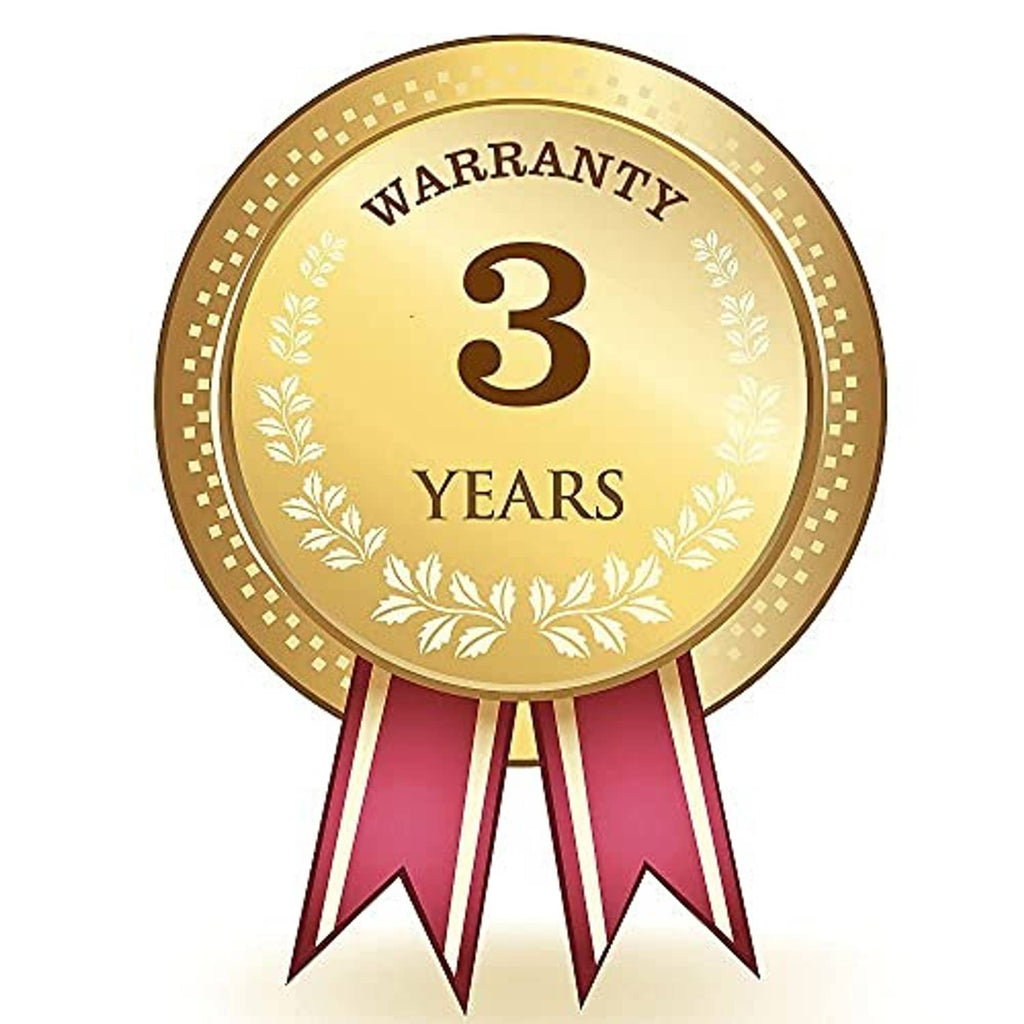 Gold rosette warranty badge with three red ribbon tails