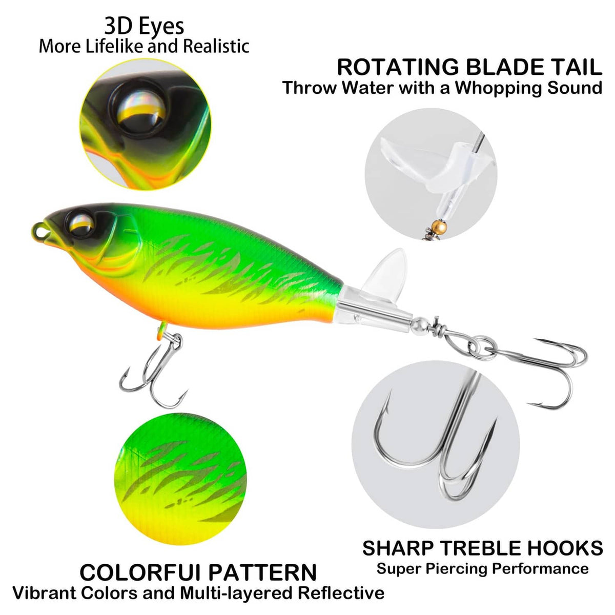 Green-and-yellow topwater lure with rotating blade tail and treble hook, silver front