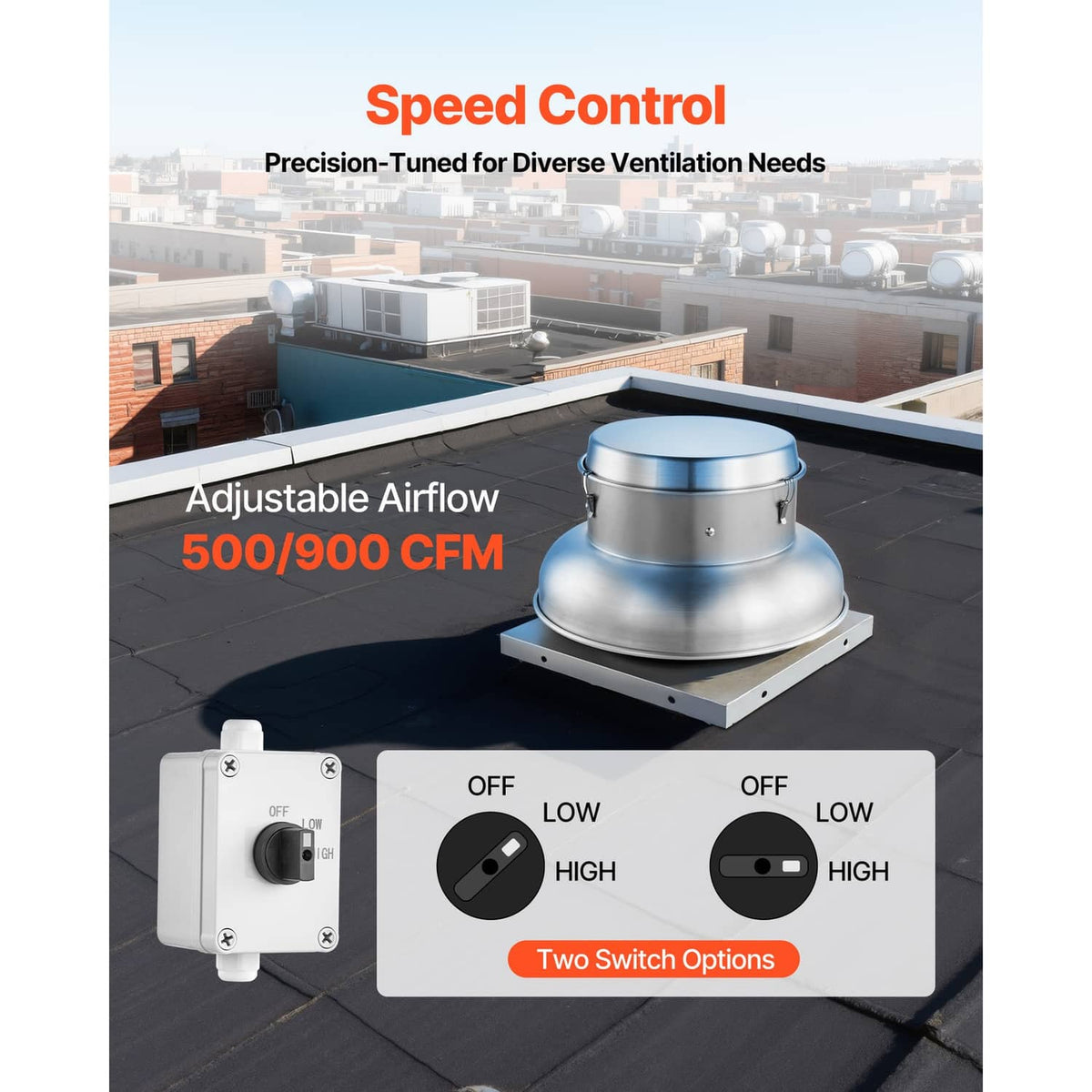 Roof exhaust fan attic vent with mounting base and speed control switch panel