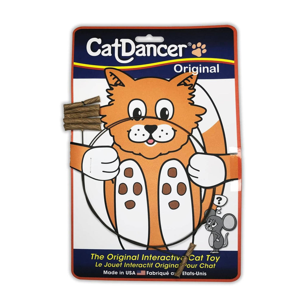 Interactive cat toy package with CatDancer logo and brown paper rolls design