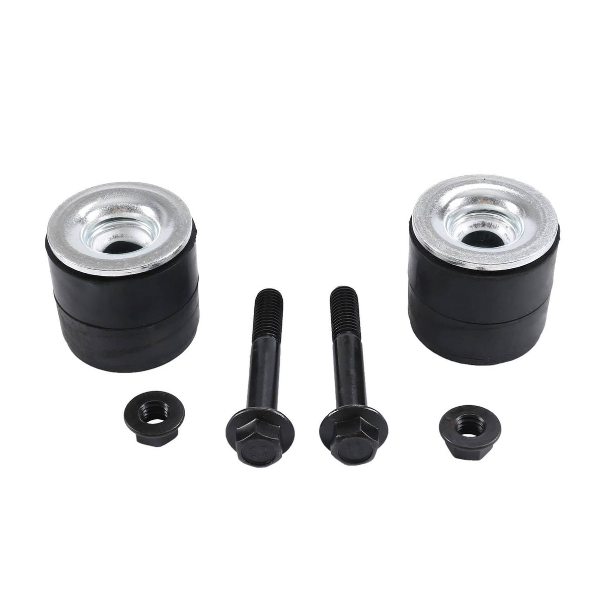 Pair of black rubber bushings with steel inserts, plus two bolts and nuts
