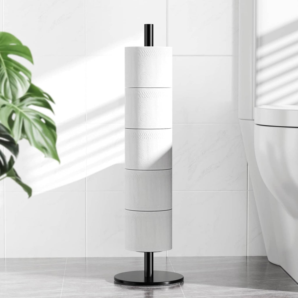 Matte black toilet paper stand with vertical post and round base holding a roll
