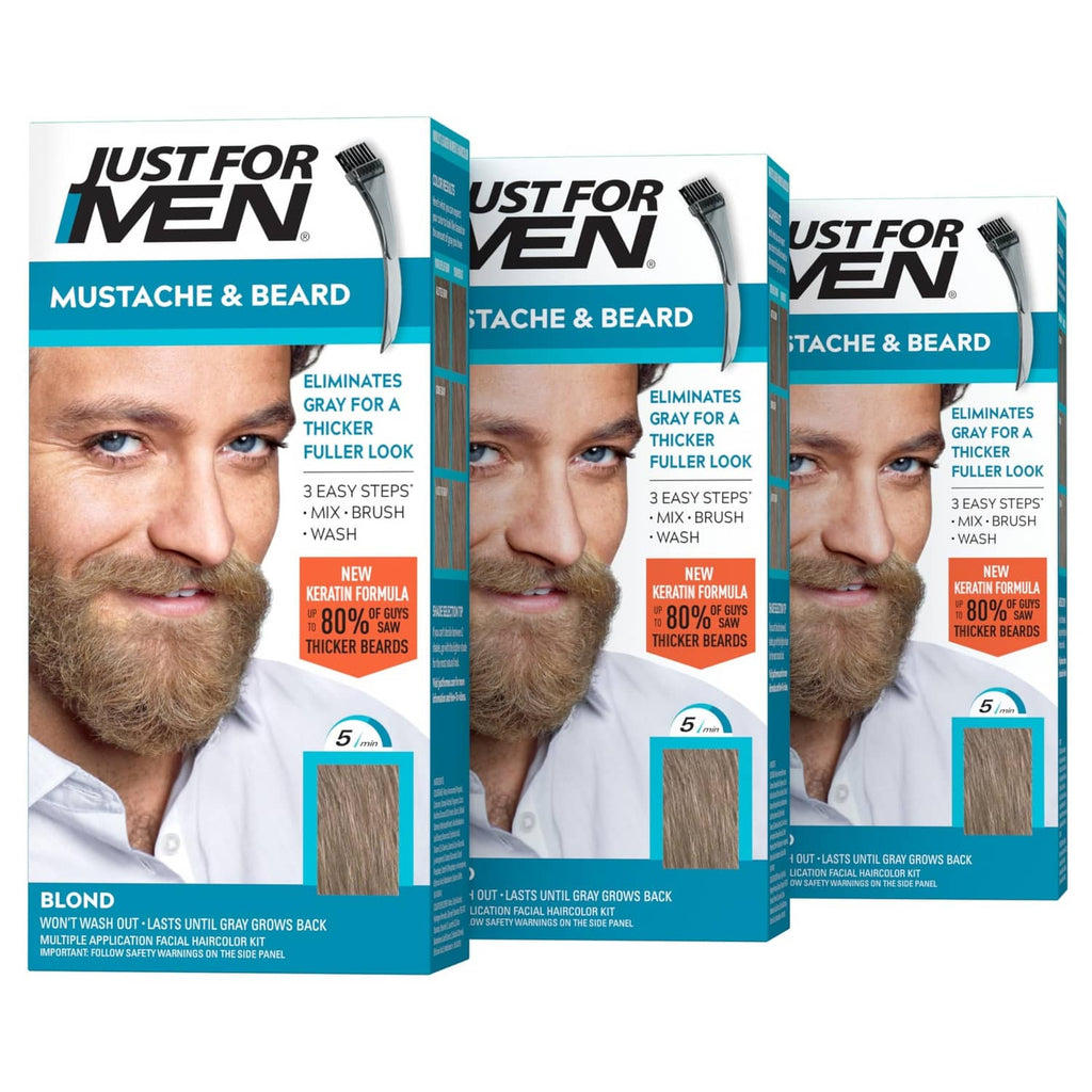 Mustache and beard dye product boxes with included brush, multiple packages shown.