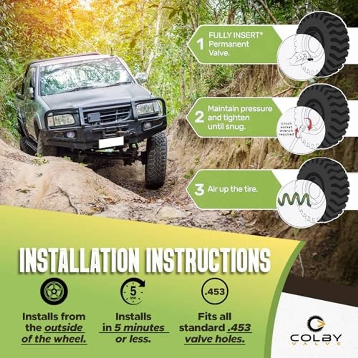Permanent tire valve system installation graphic with wheel valve and step icons