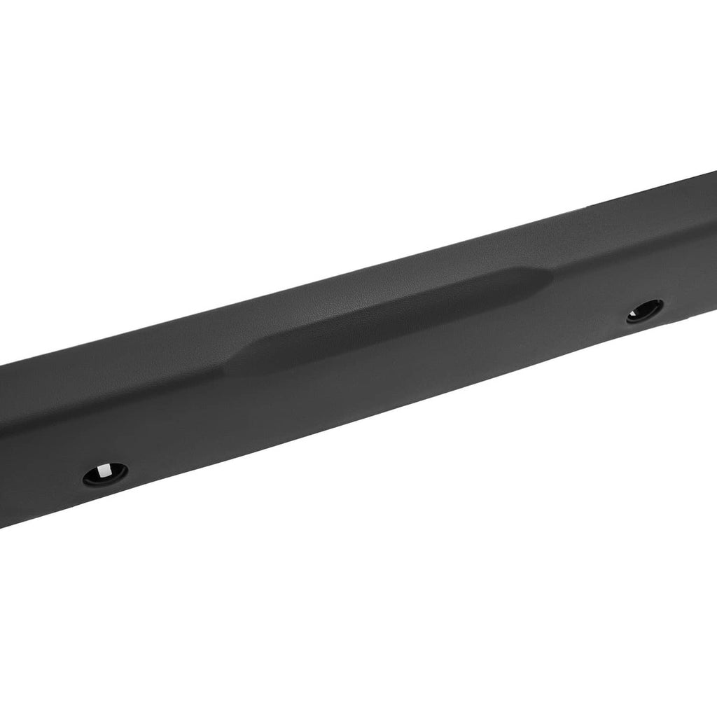Close-up of black rear bumper bar with screw holes along the length