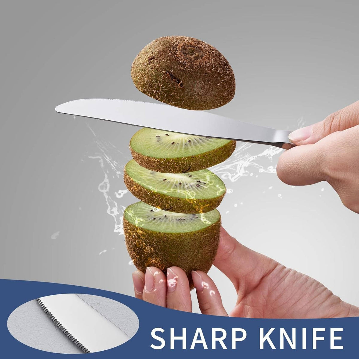 Stainless knife with red handle slicing kiwi fruit