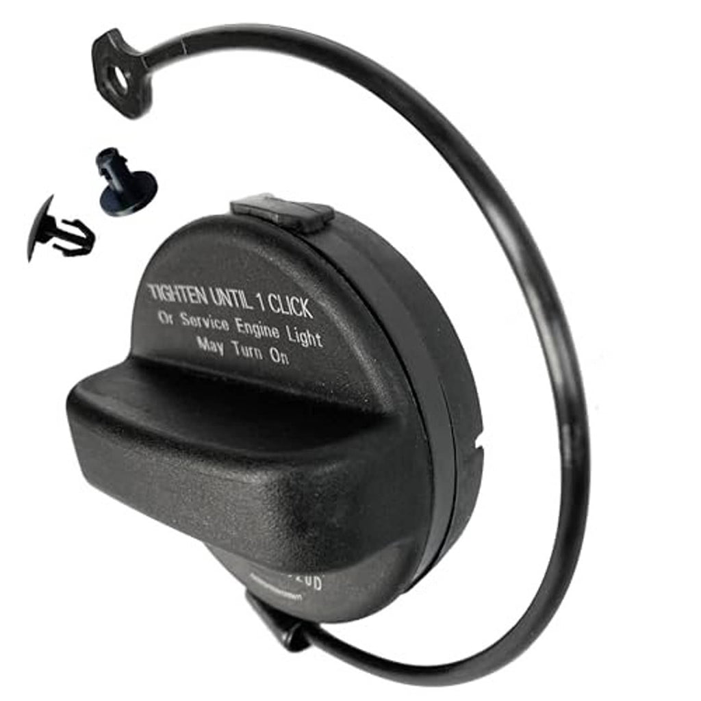 Black fuel gas cap with attached tether cable and lock insert
