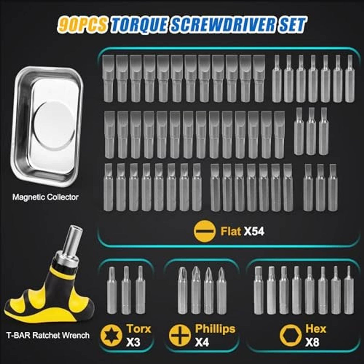 Torque screwdriver bit set organizer tray with various bit heads and wrench attachments