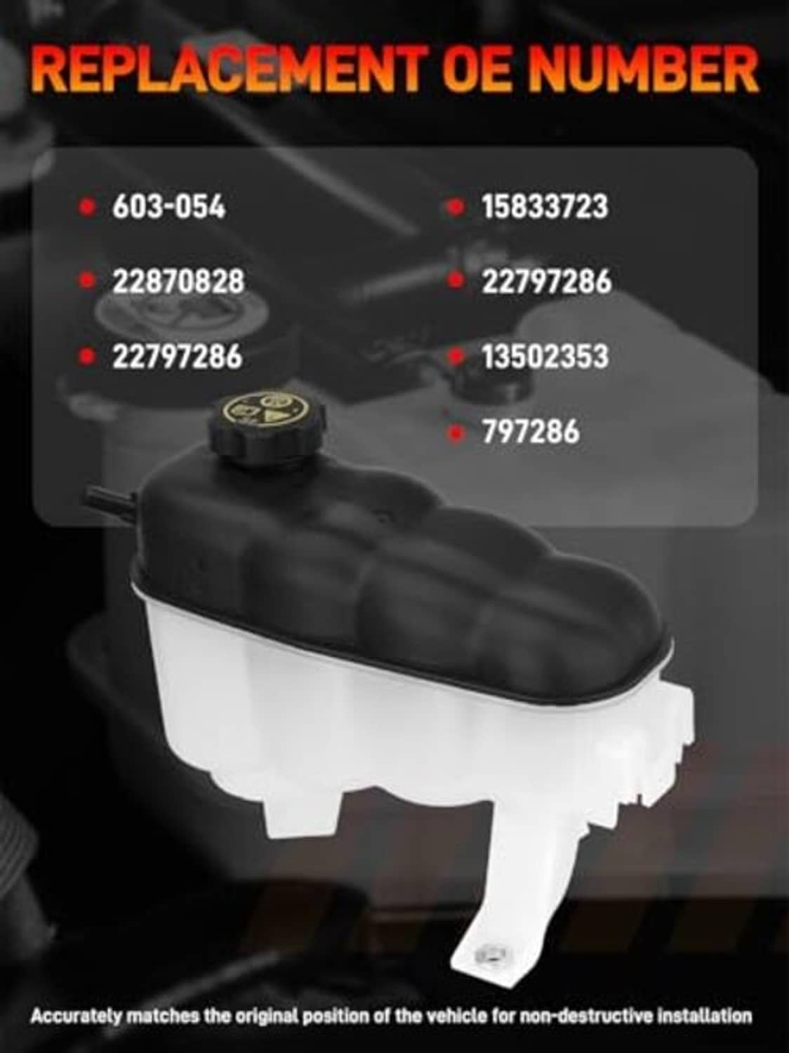 Black coolant expansion reservoir tank with cap and integrated mounting bracket