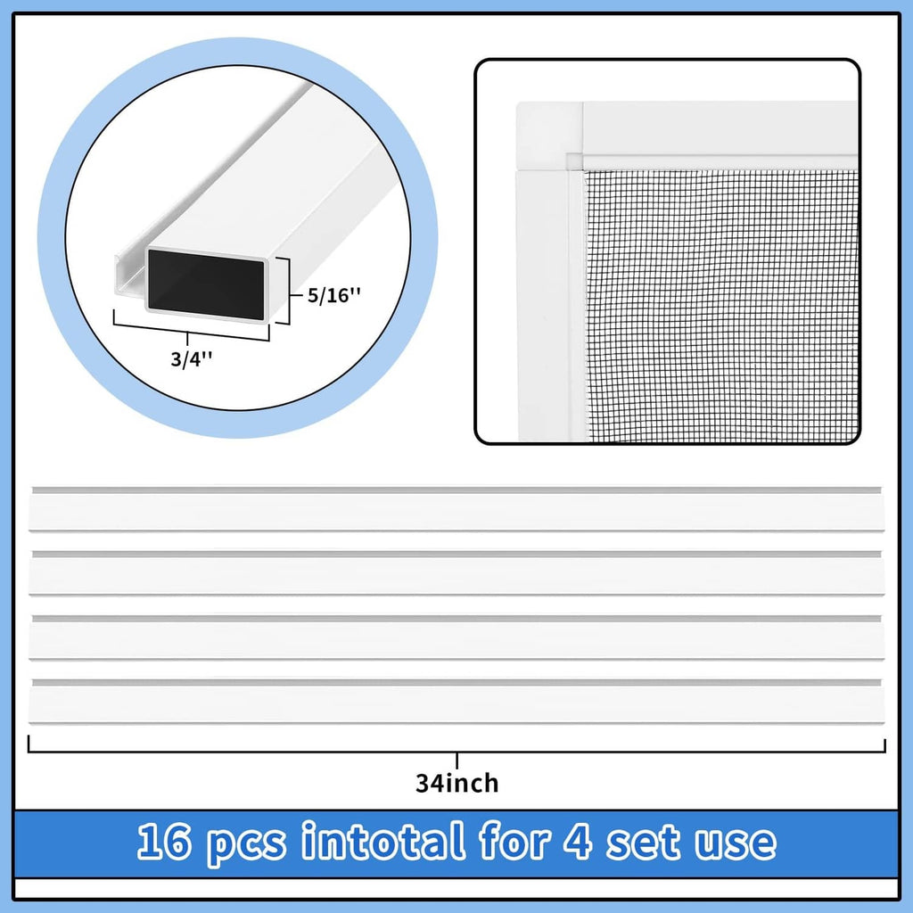 Window screen kit showing white frame channel clips and gray mesh panel