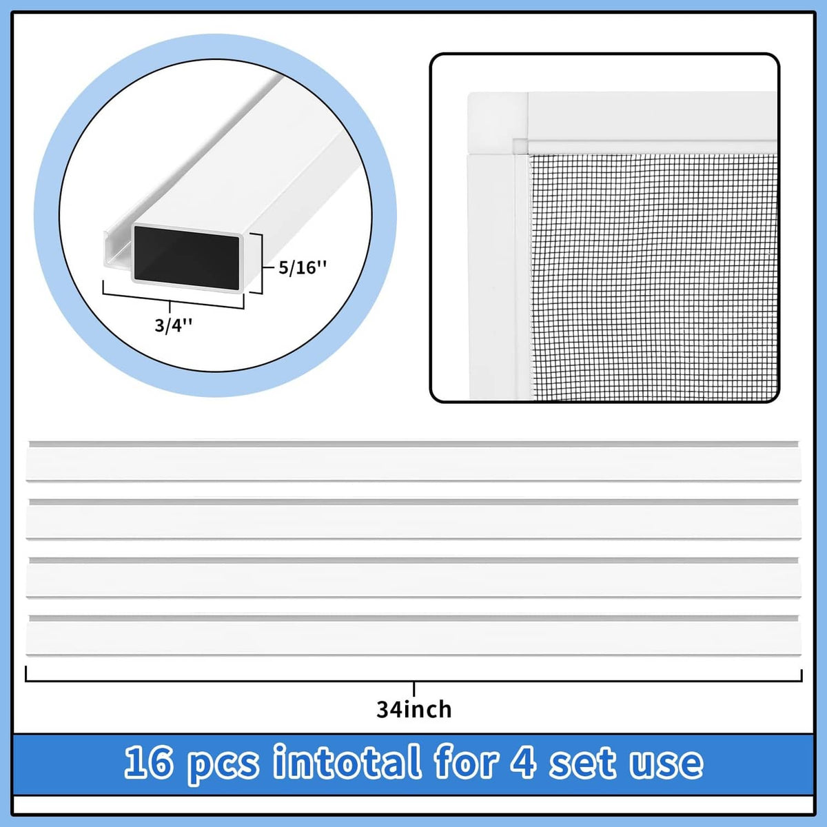 Window screen kit showing white frame channel clips and gray mesh panel