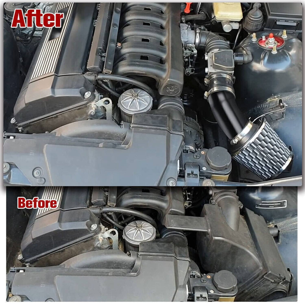 Engine bay cold air intake kit: black cone air filter and blue intake tube system