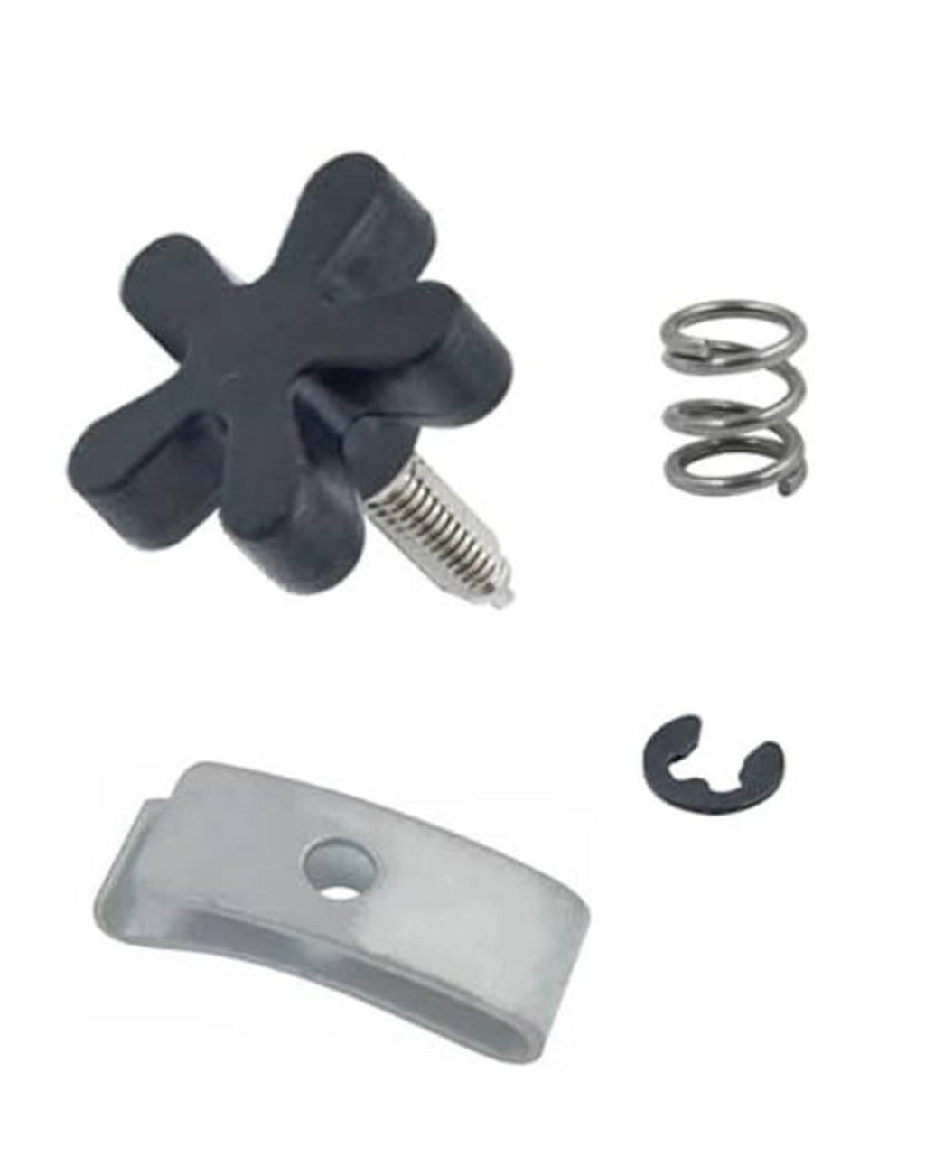 Throttle tension screw kit: black thumb screw, coiled spring, gray bracket, small clip