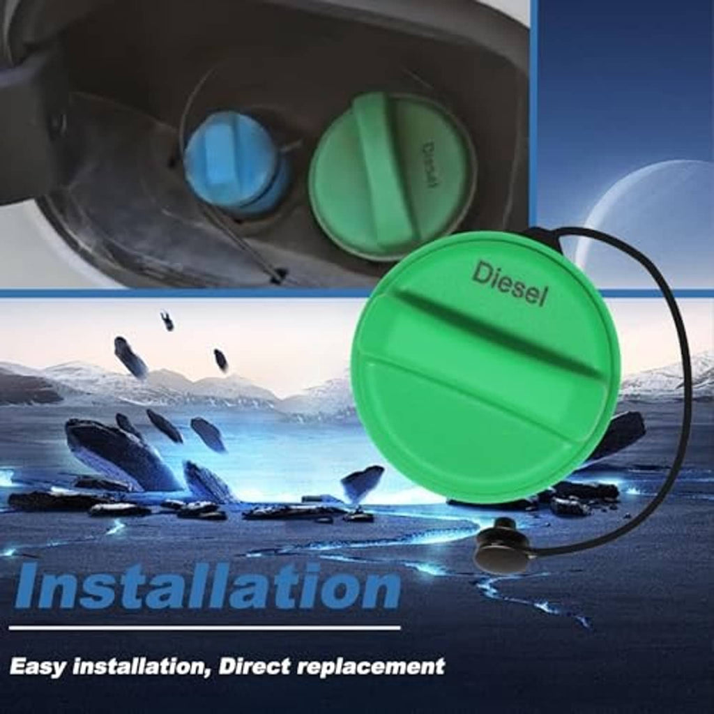 Green diesel fuel tank cap with Diesel label and black tether, near mounting area