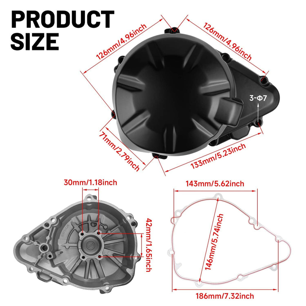 Left engine stator cover and gasket with size measurements diagram