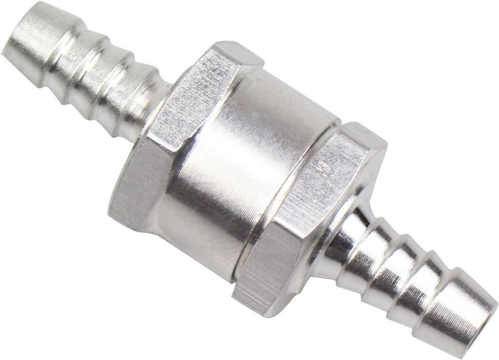 Angled close-up of 8mm one-way check valve with barbed ends and polished metal finish