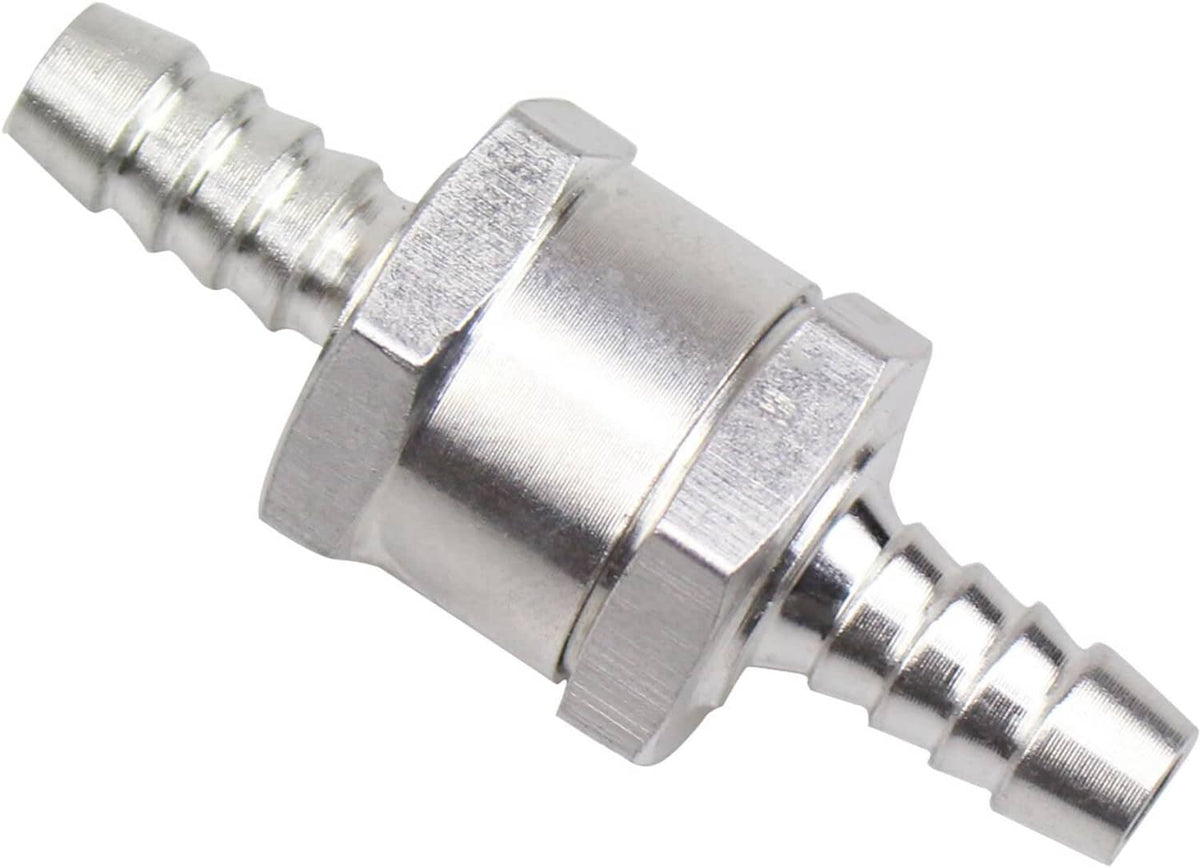 Angled close-up of 8mm one-way check valve with barbed ends and polished metal finish