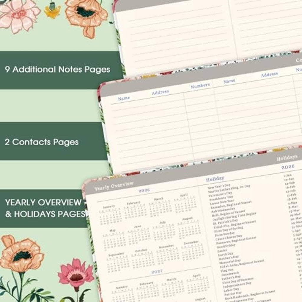 Open pocket planner showing ruled note sections, contacts table, and yearly overview