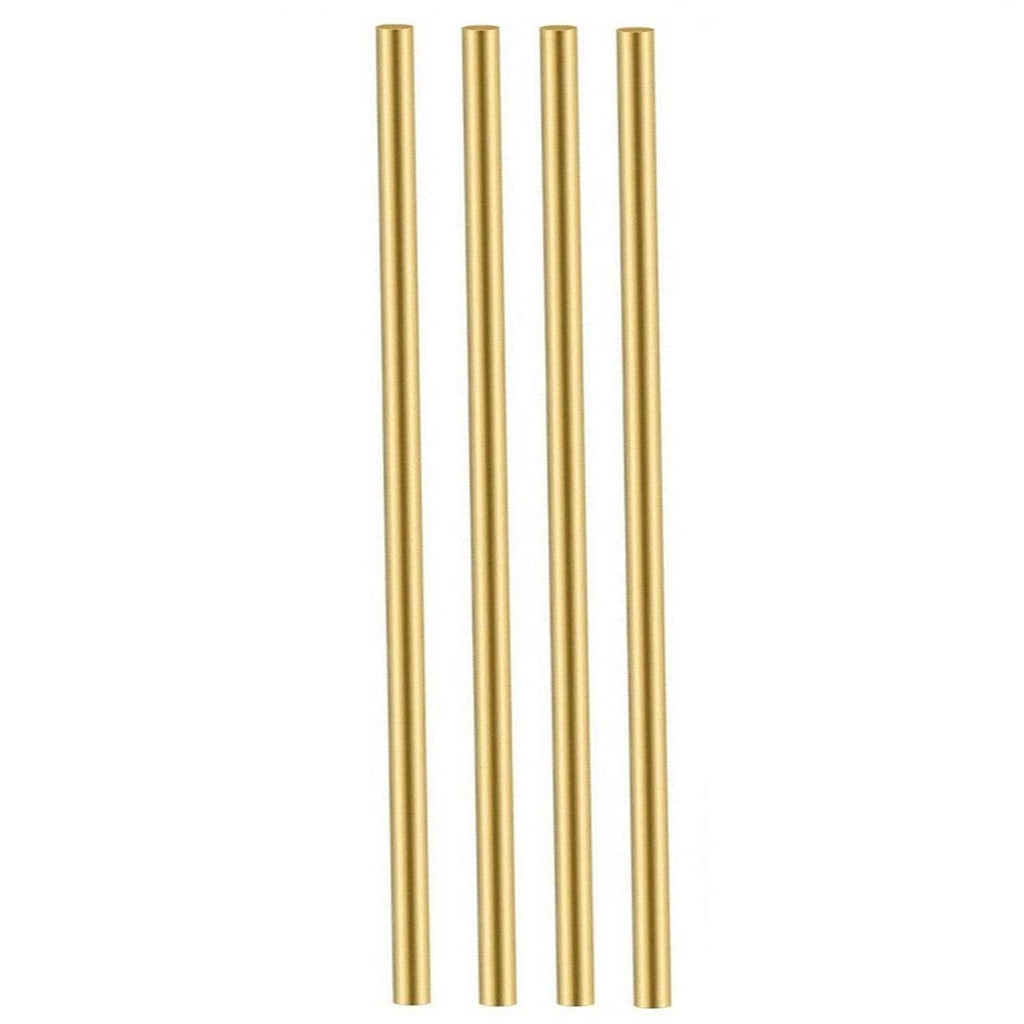 Set of four 5mm brass round rods, polished gold finish, straight and smooth.