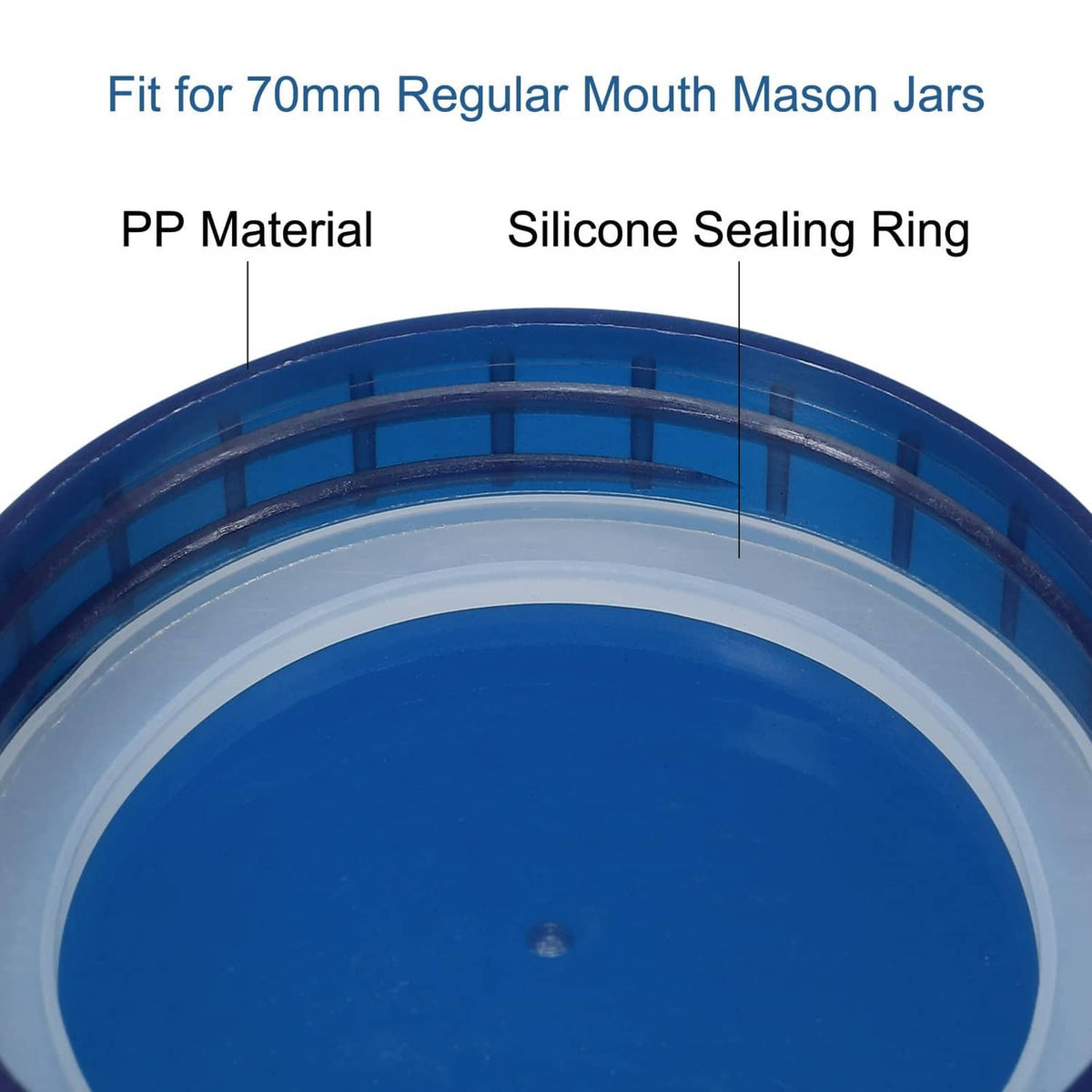 Blue mason jar lid with PP material and silicone sealing ring on inner edge
