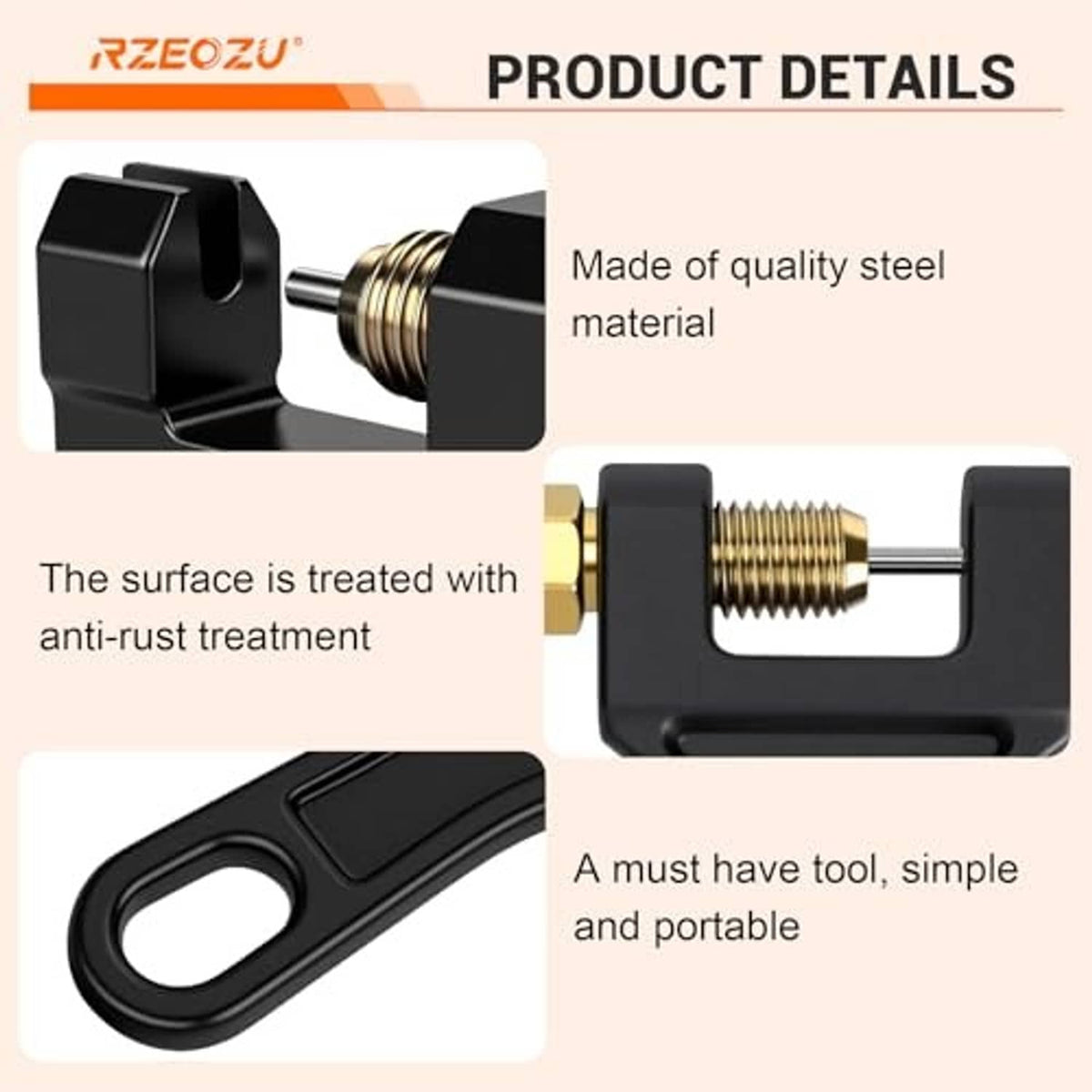 Chain breaker tool product details showing steel screw, anti-rust coating, and carry loop