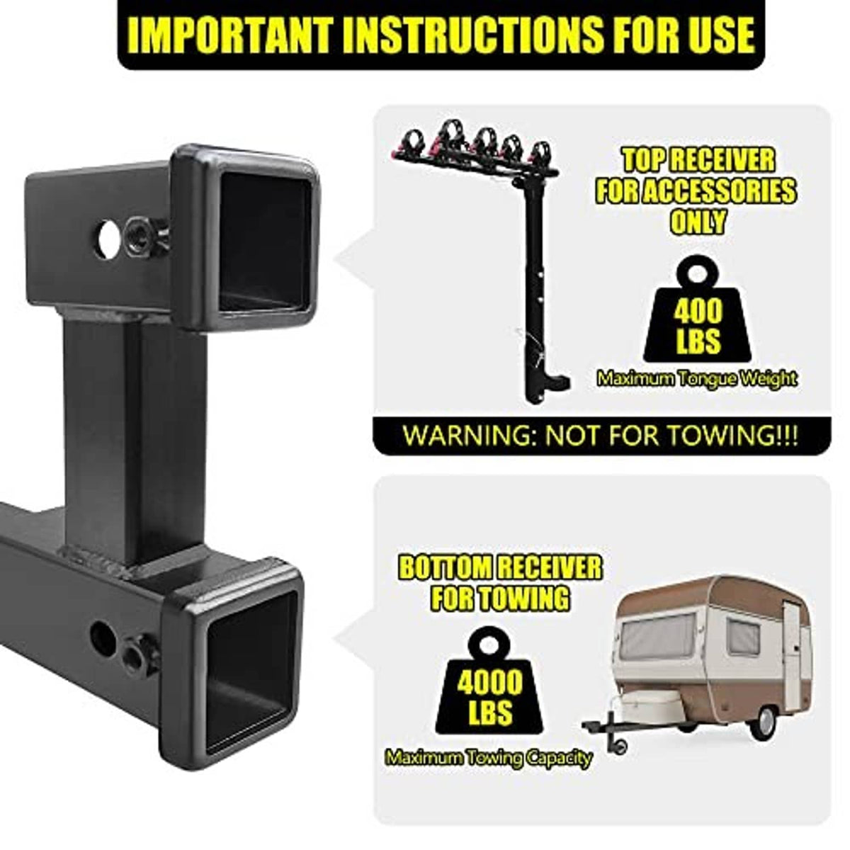 Black dual receiver hitch riser with two shanks and pin-hole openings for accessories
