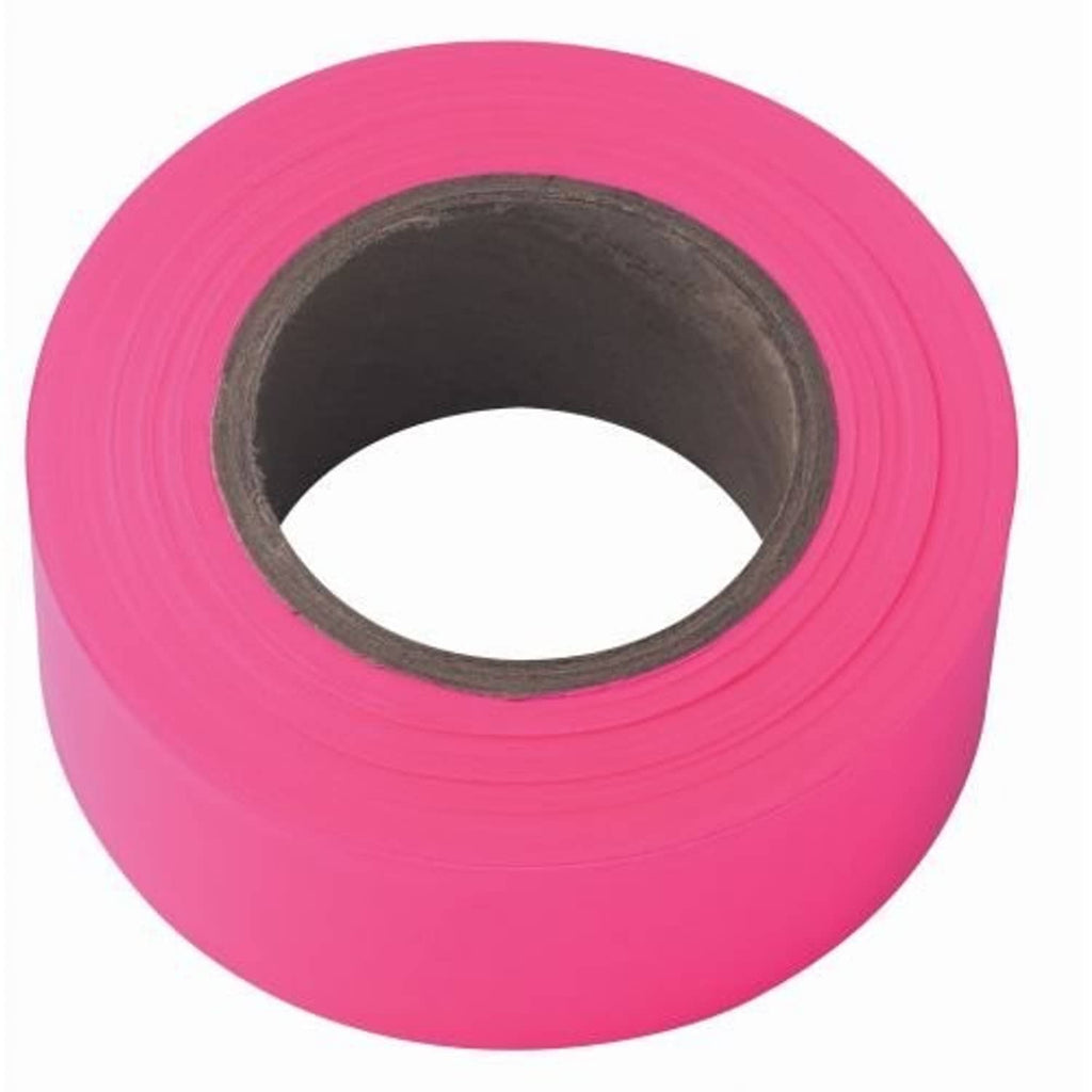 Glo-pink strait-line flagging tape roll, wound with black core