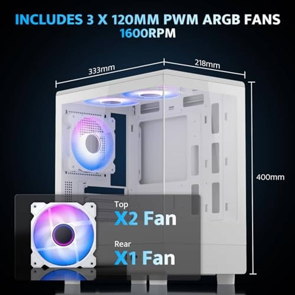 White micro-ATX PC case with installed ARGB fans behind clear front-side window