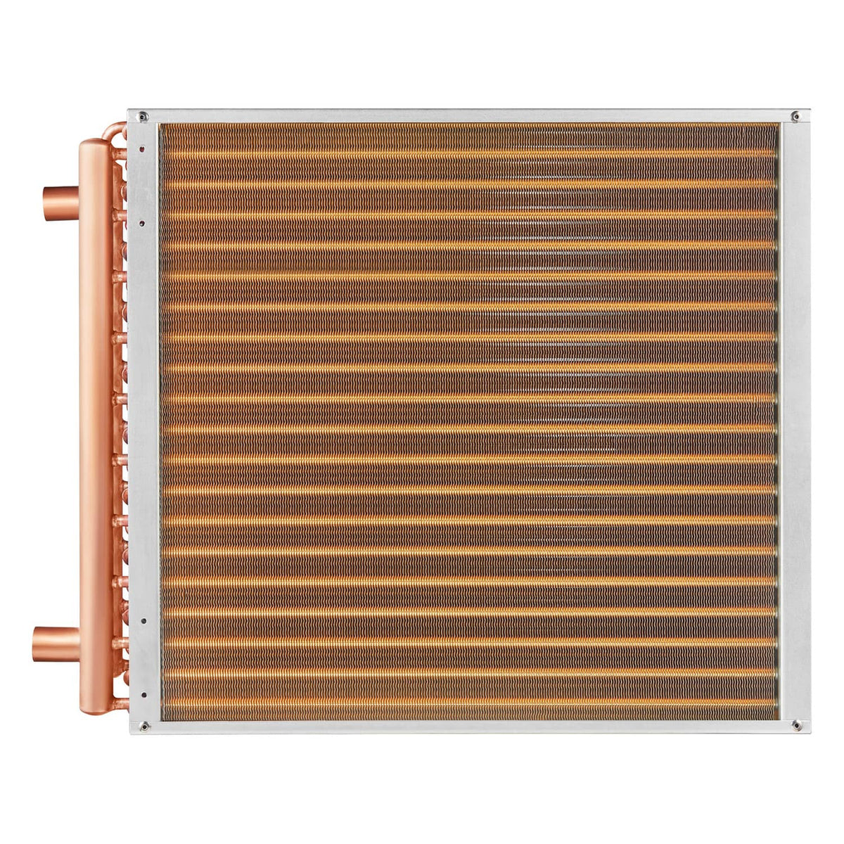 Water-to-air heat exchanger front view with copper tubes and orange-brown fin core