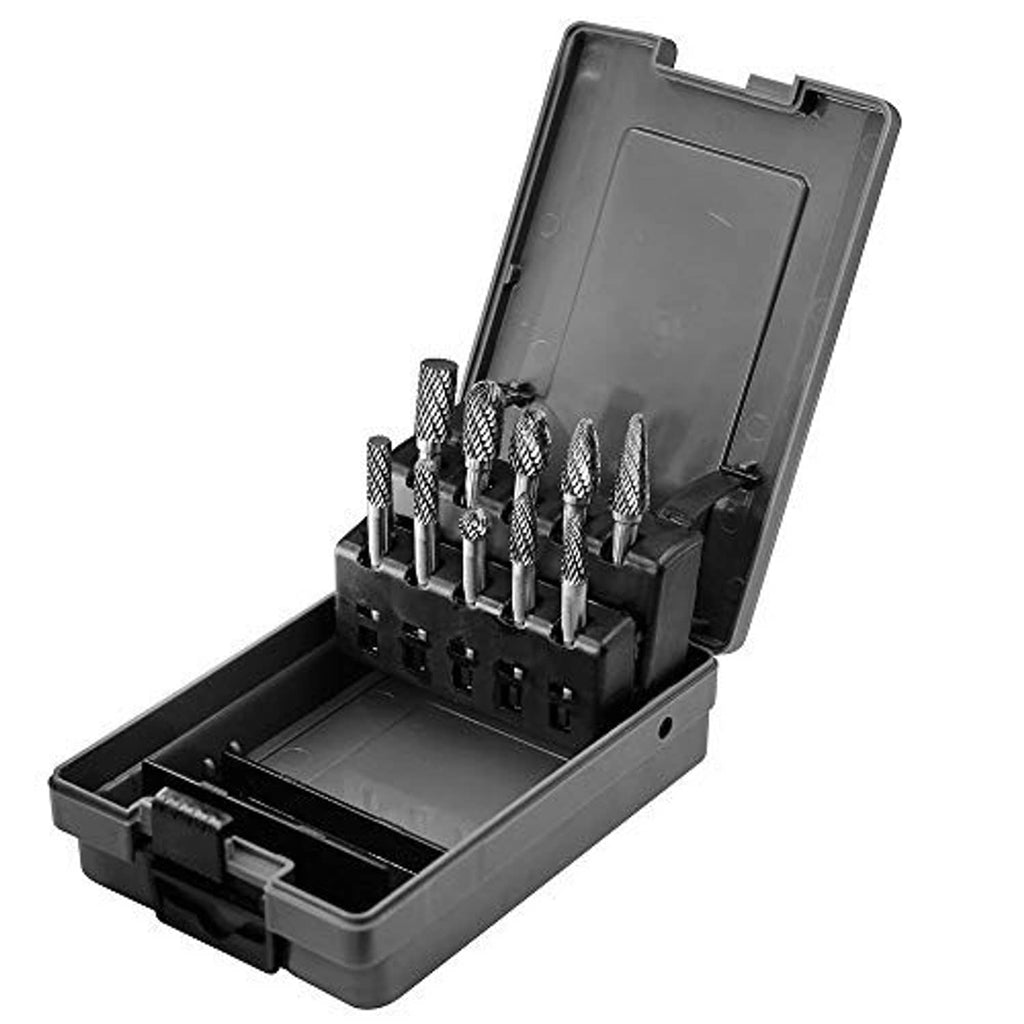 Tungsten carbide burr set in plastic case with multiple double-cut rotary bits