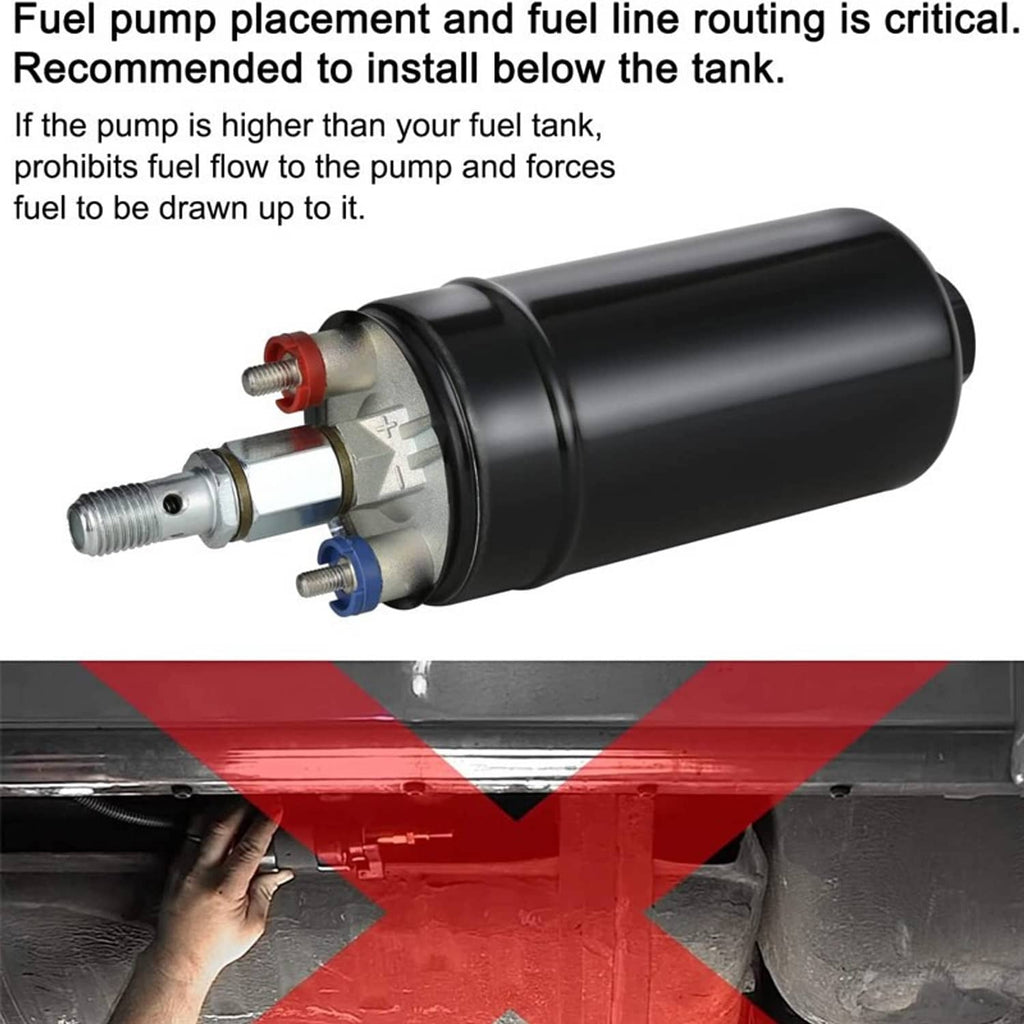 Inline electric fuel pump installed with fuel line connections on a vehicle underside