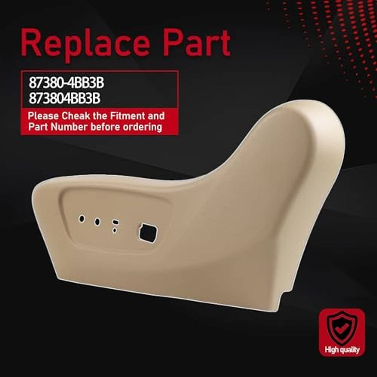 Beige front driver side seat outer trim panel with small holes and rectangular cutout