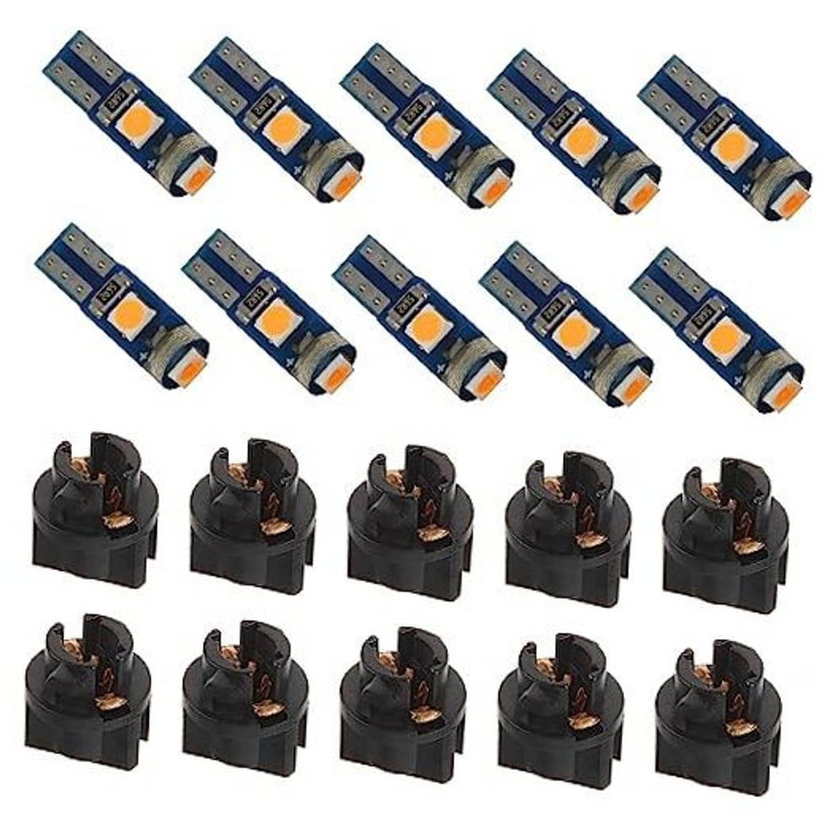 Set of T5 LED light bulbs with blue circuit boards, orange LED chips, black holders