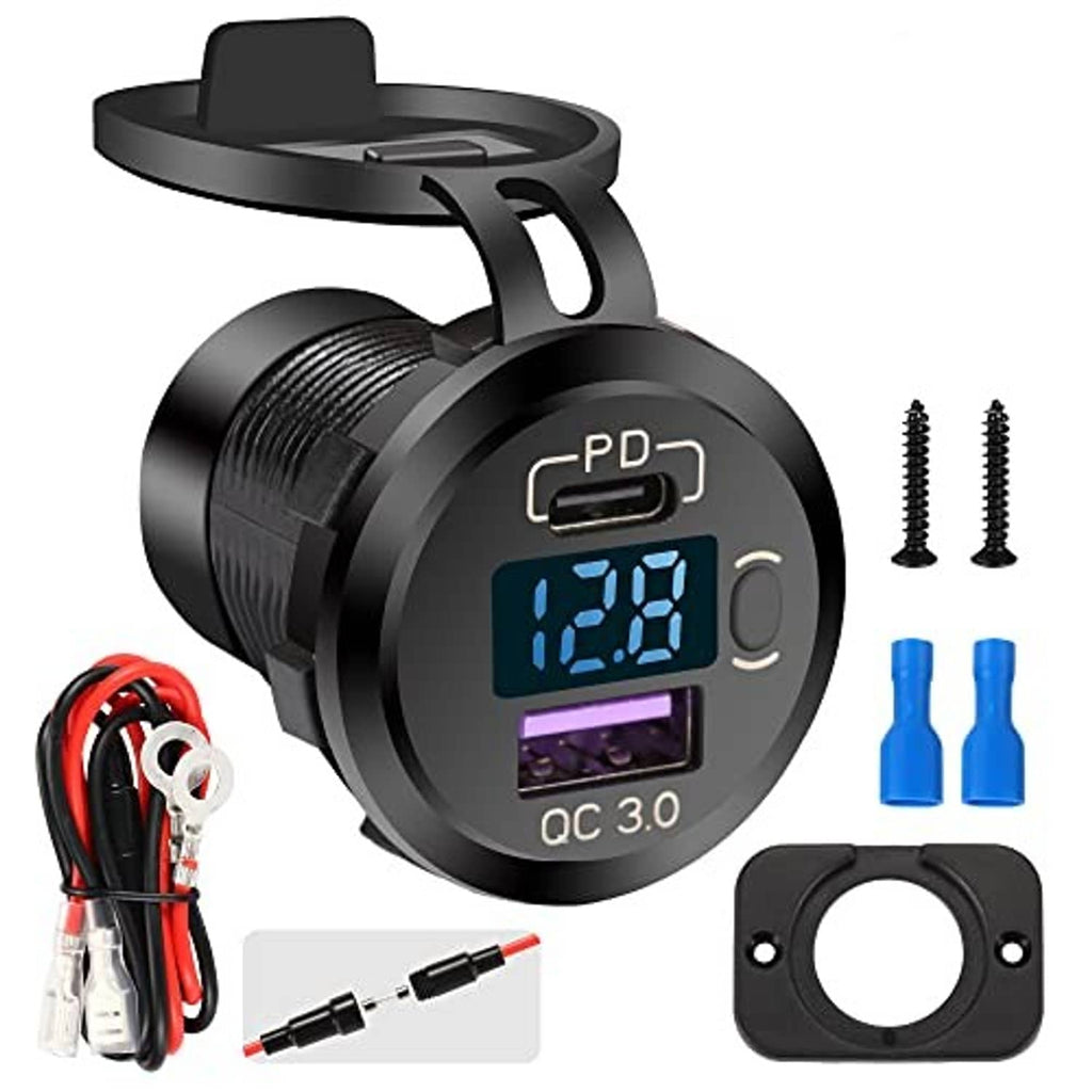 Black dual USB car charger with LED display, PD and QC 3.0, mounting screws included