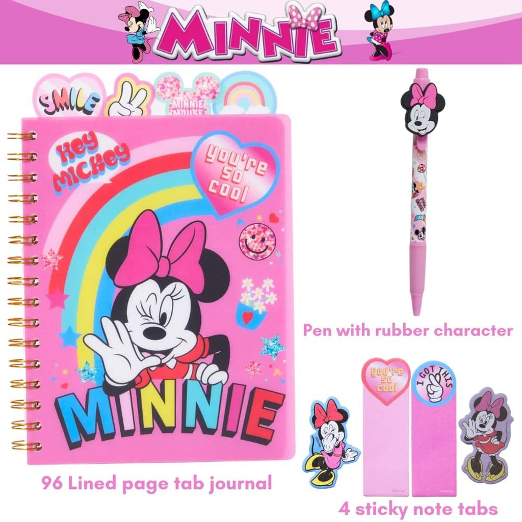 Minnie Mouse tab journal set with spiral notebook, pen, and 4 sticky note tabs