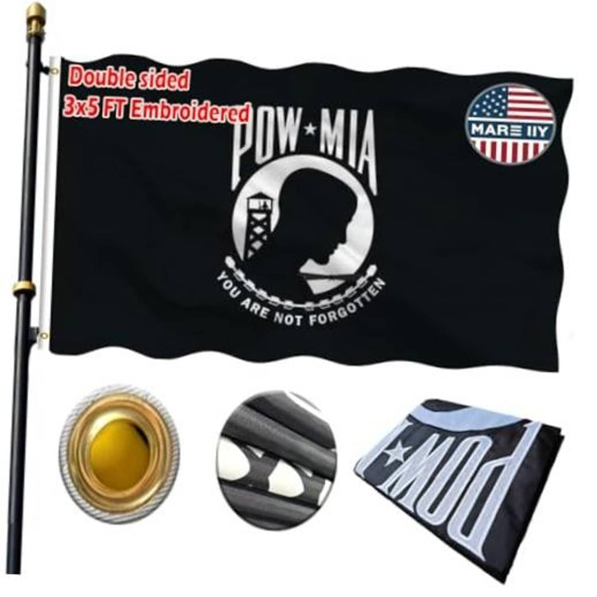 Black POW-MIA embroidered outdoor flag with central circular emblem and double-sided graphics