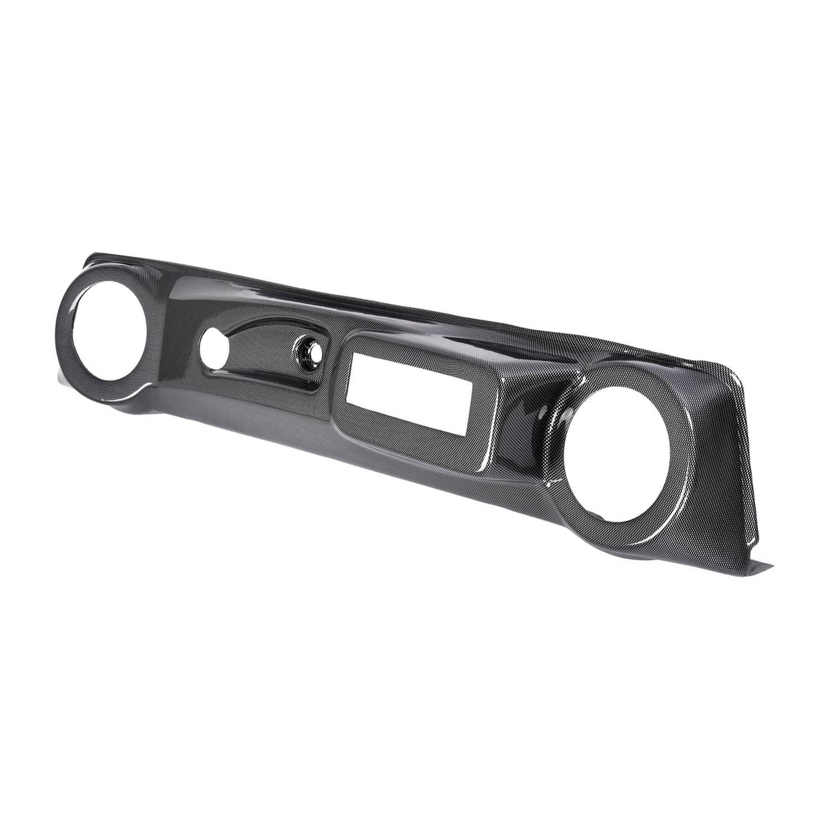 Black carbon-fiber style dash cover with circular cutouts and rectangular opening