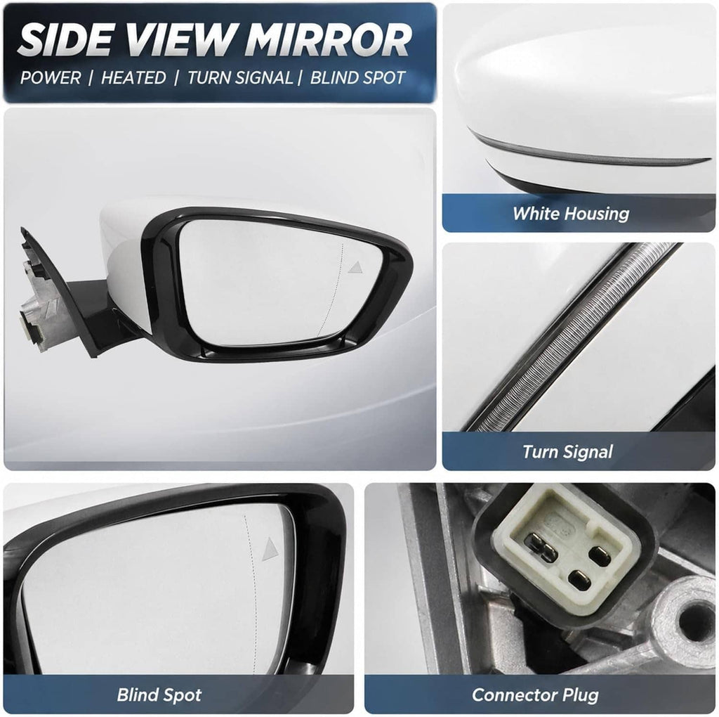 Passenger side mirror with white housing, turn signal strip, heated glass, and connector