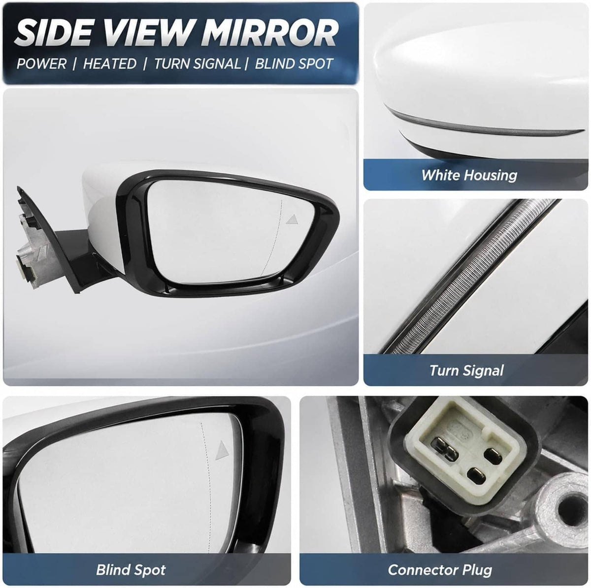 Passenger side mirror with white housing, turn signal strip, heated glass, and connector