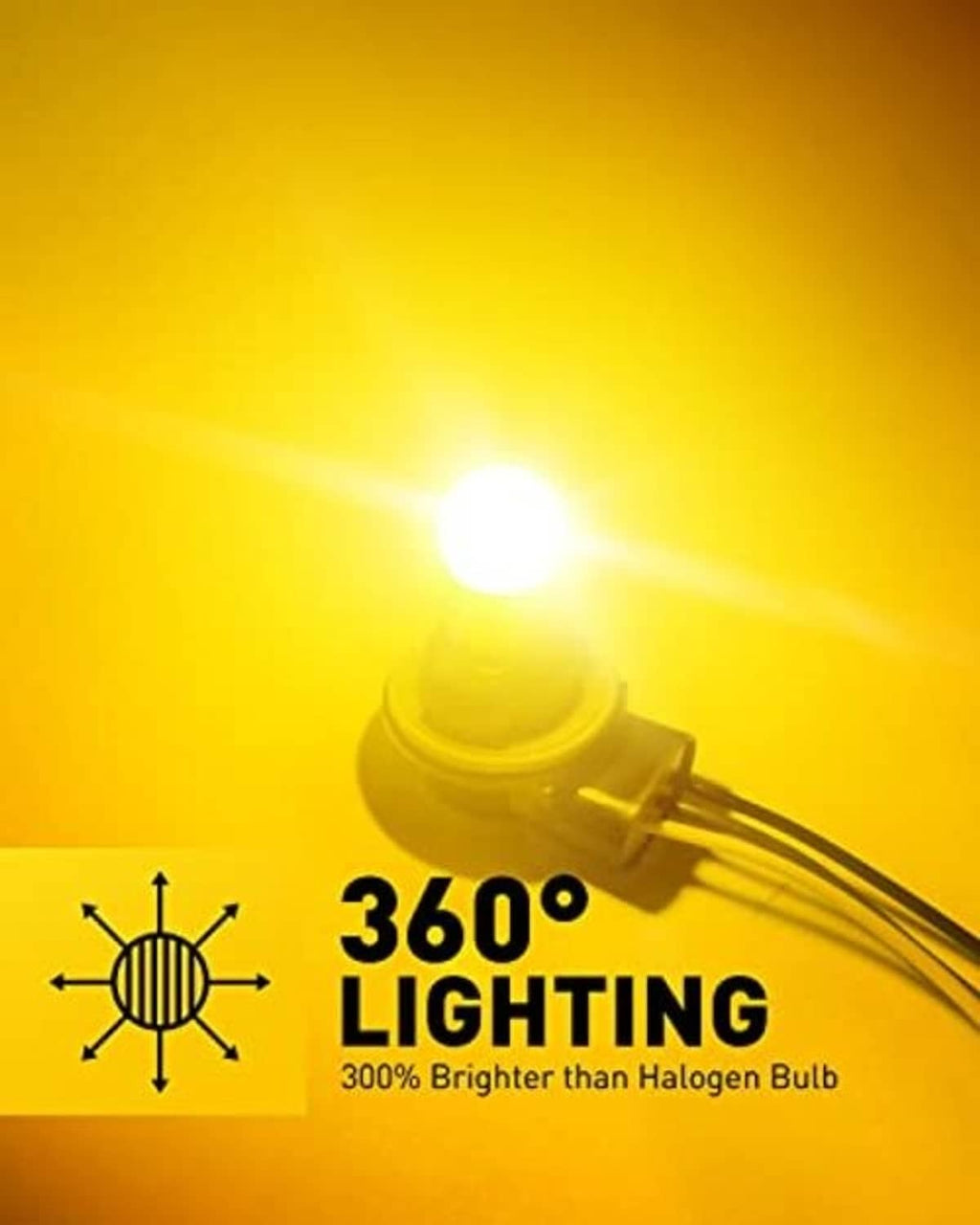 Amber LED turn signal bulb glowing, with 360-degree light effect shown