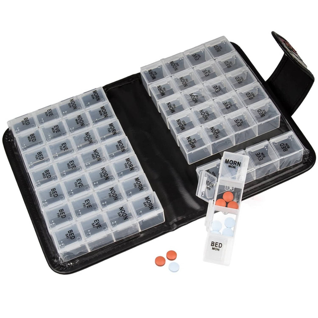 14-day pill holder box opened, clear grid compartments and morning/bed labels