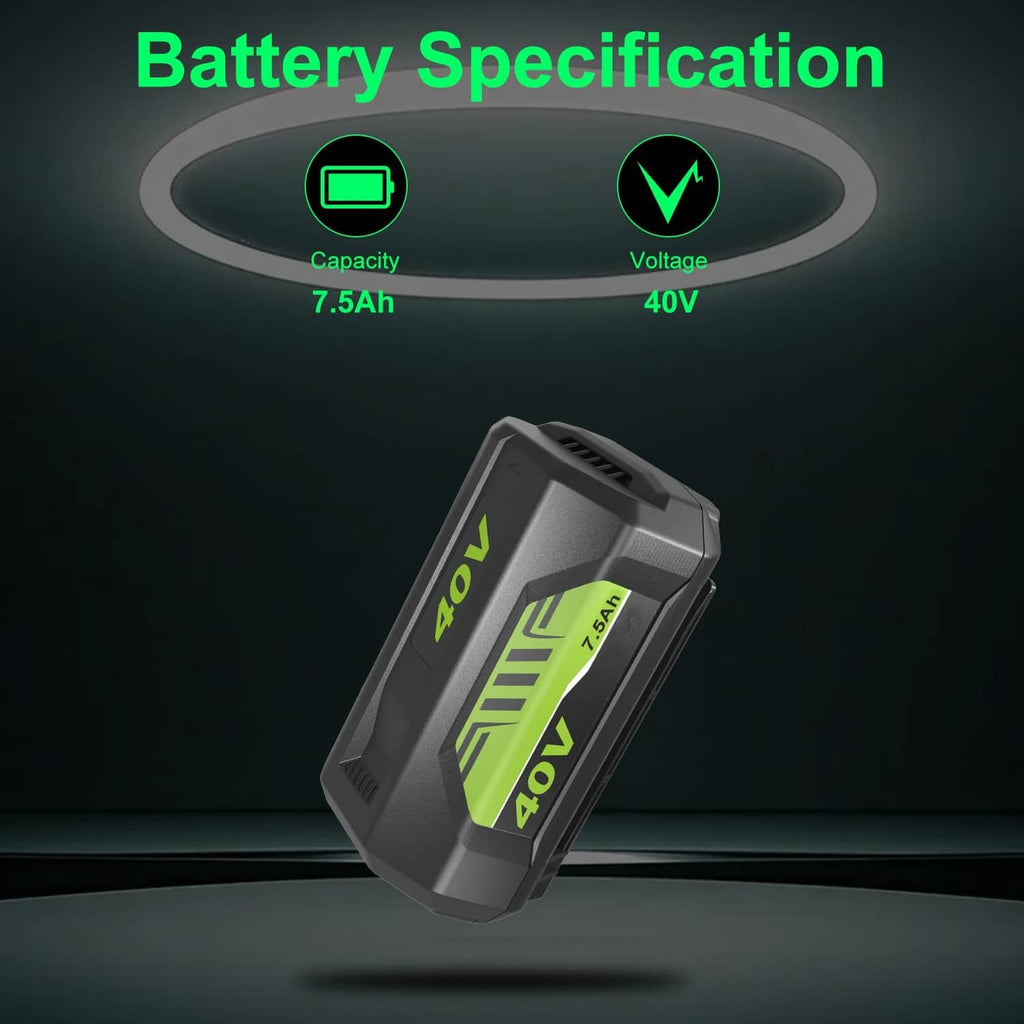 Single 40V lithium-ion battery pack showing 7.5Ah capacity marking