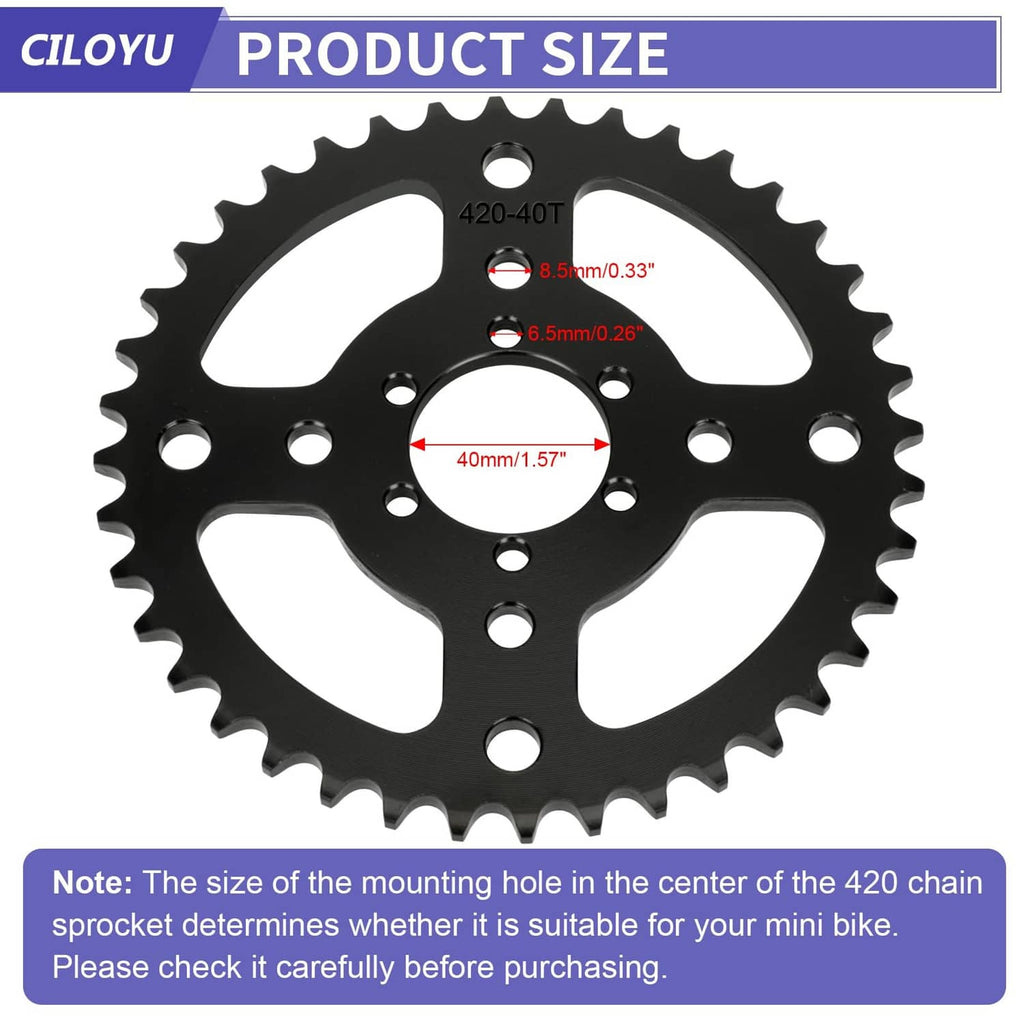 Black 40T 420 chain sprocket with mounting hole measurements and bore size