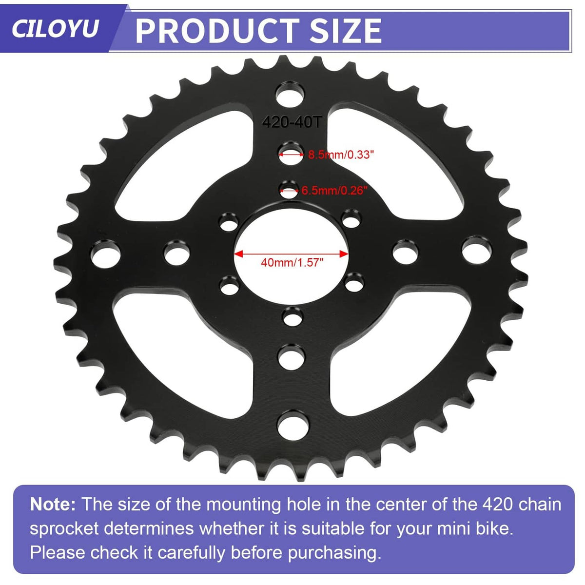Black 40T 420 chain sprocket with mounting hole measurements and bore size