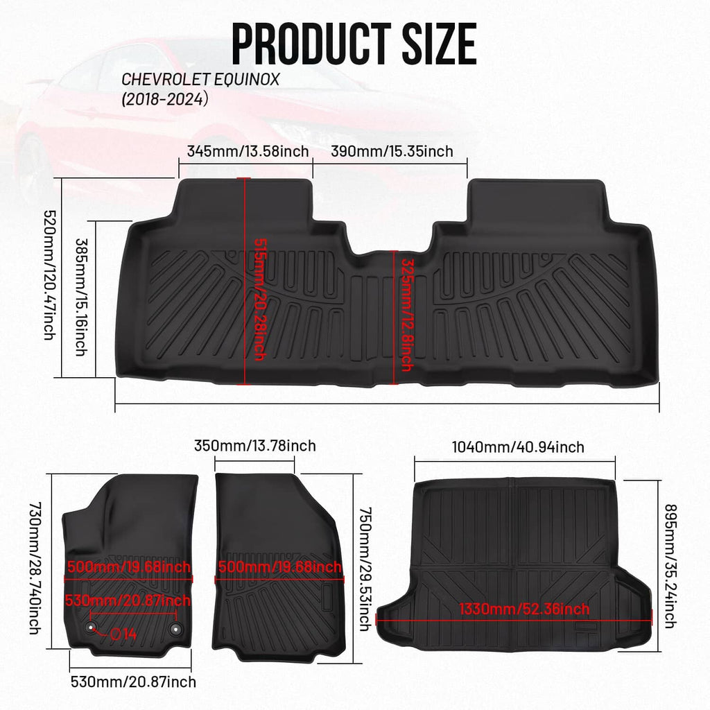 Black rubber floor mats and cargo liner set with size diagram