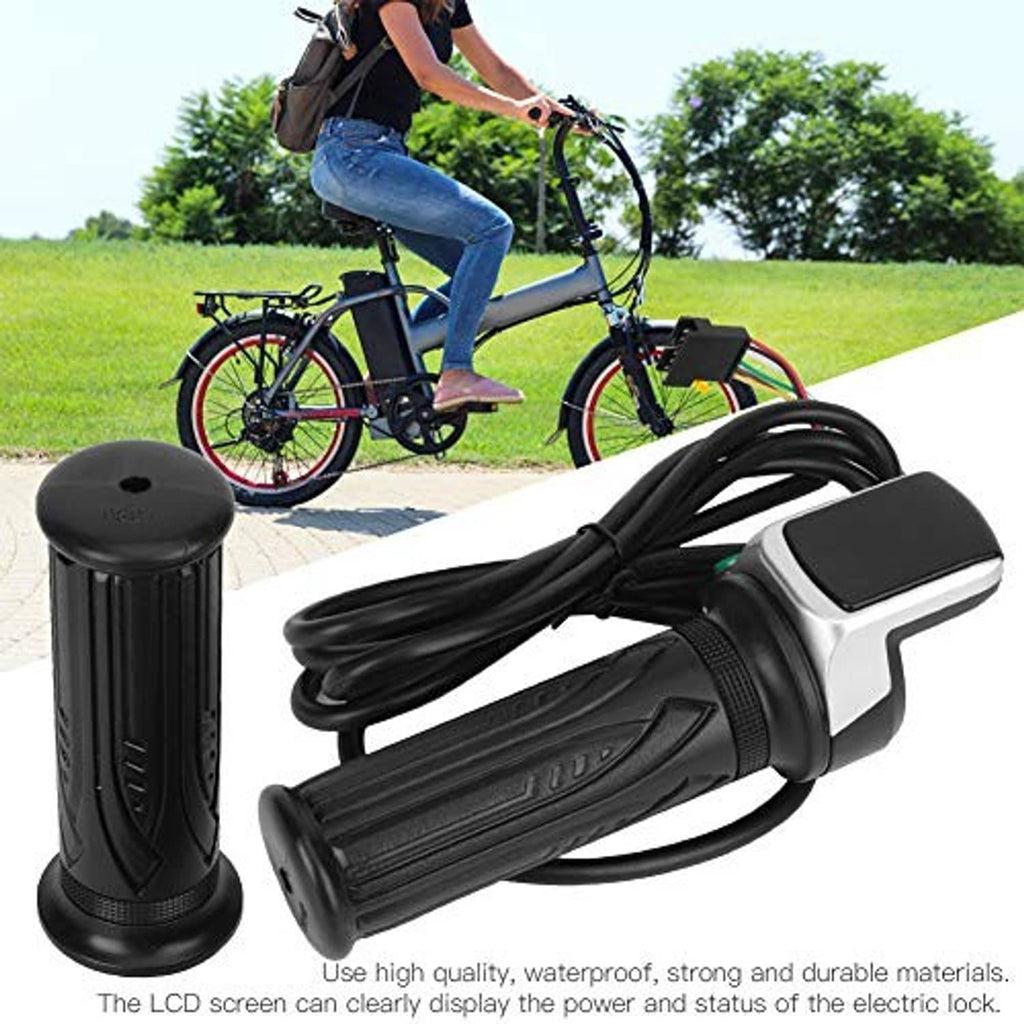 Electric throttle grip set with LCD display housing, two black grips, and cable