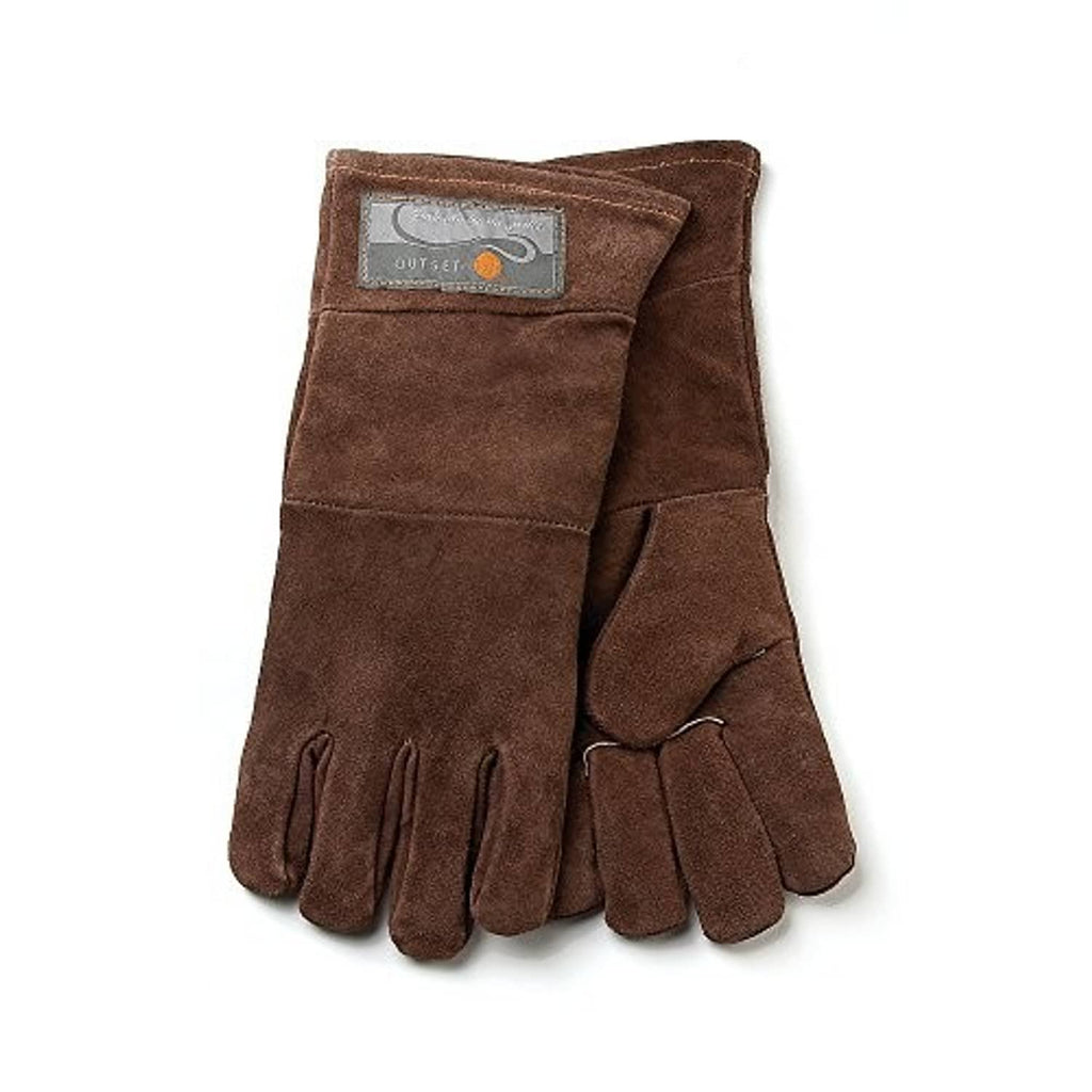 Pair of brown leather grill gloves with cuff label and stitched paneling