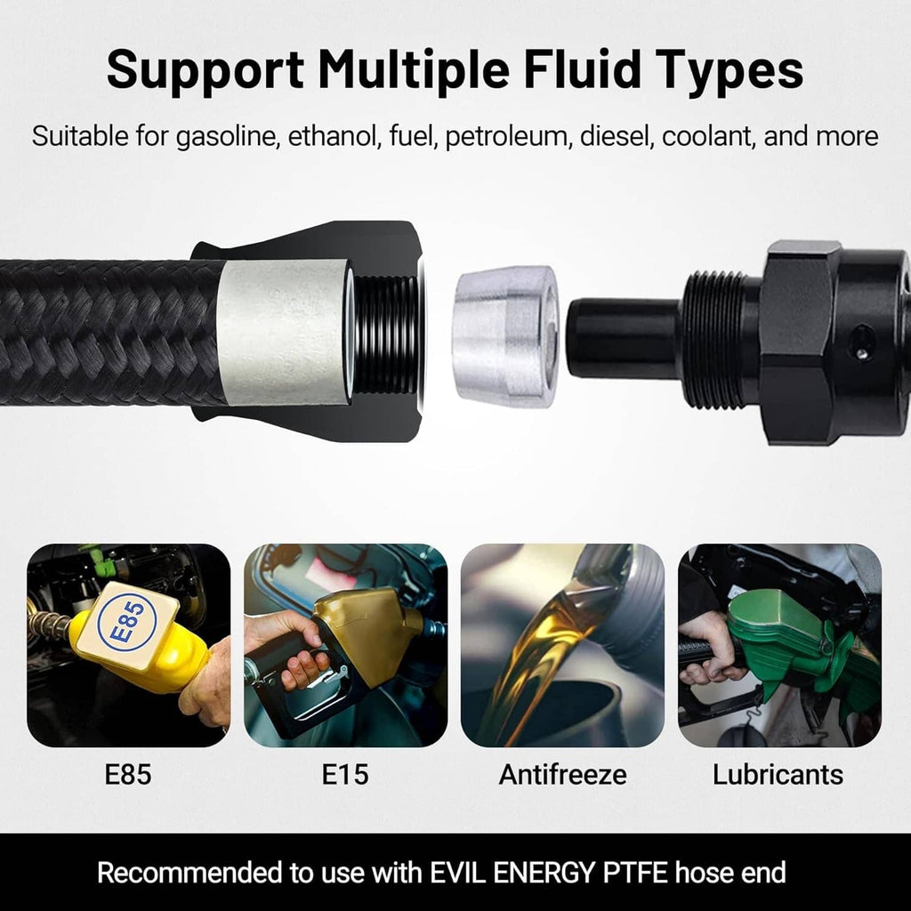 Black braided fuel hose with threaded EFI connectors for E85-compatible fuel use