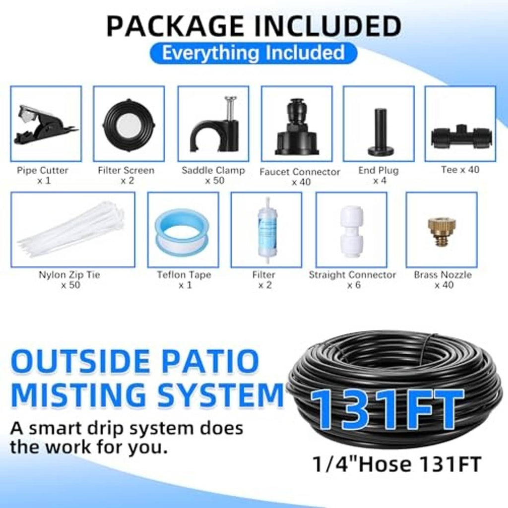 Outdoor patio misting system kit contents with coiled 131FT hose